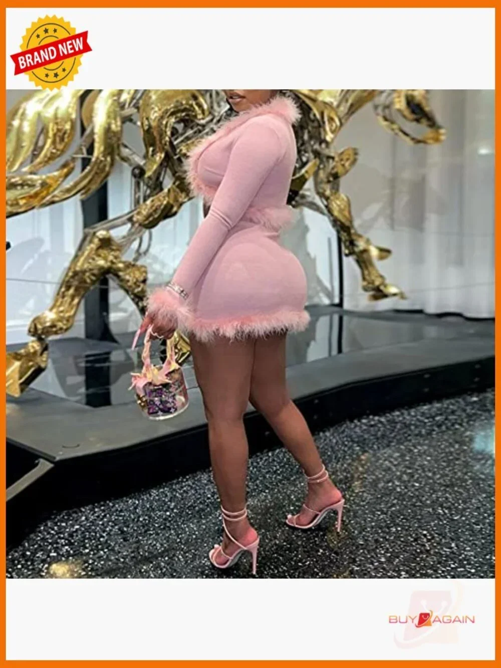 Sexy 2 Piece Outfit Rave Tie-up Feather Trim Fur Long Sleeve Cardigan Set